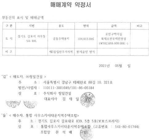 조합장이 업무대행사인 청일건설과 맺은  토지 매매 계약 약정서