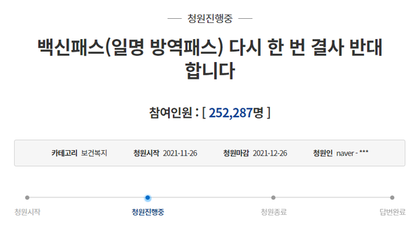 대구 수성구의 한 고등학생이 정부의 방역 패스에 반대한다는 국민 청원이 20만 명을 넘었다. / 청와대 국민청원 캡처