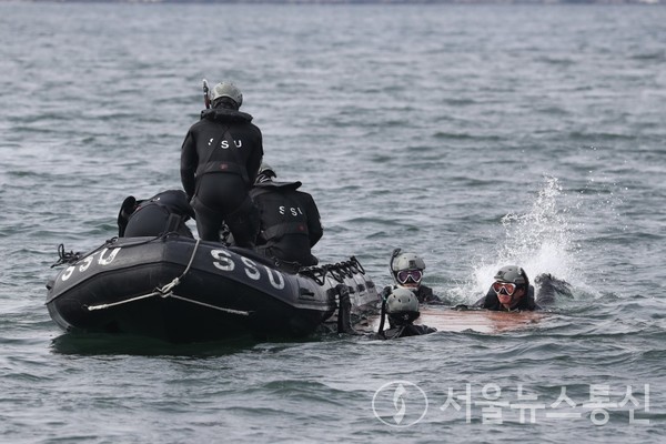 헬기에서 뛰어내린 해난구조대원들이 해상 조난자를 구조하고 있다. / 국방부 블로그 캡처