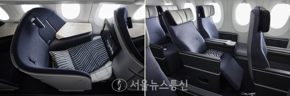 한국과 유럽을 잇는 핀에어가 2700억원 규모의 투자를 통해 장거리 전 노선에 걸쳐 대대적 객실 리뉴얼을 밝혔다. 신규 비즈니스클래스(사진 왼쪽)와 프리미엄 이코노미 클래스(오른쪽)디자인이 오픈됐다. (사진 제공 = 핀에어)