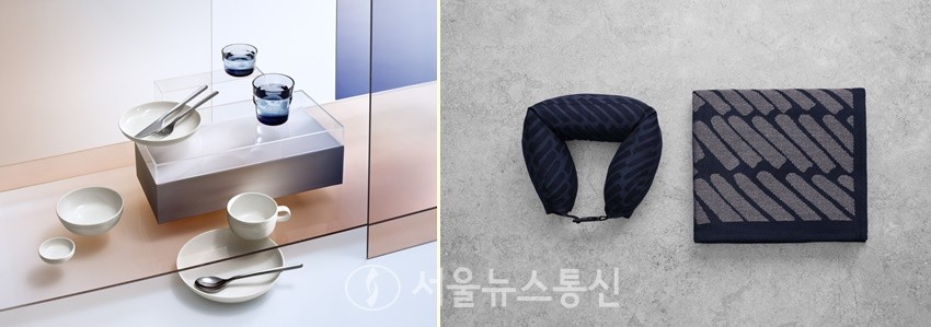 신규 비즈니스클래스 및 이코노미 클래스에 제공되는 핀란드 하리 코스키넨이 디자인한 이딸라 식기(왼쪽)와 마리메꼬 쿠션. (사진 = 핀에어)