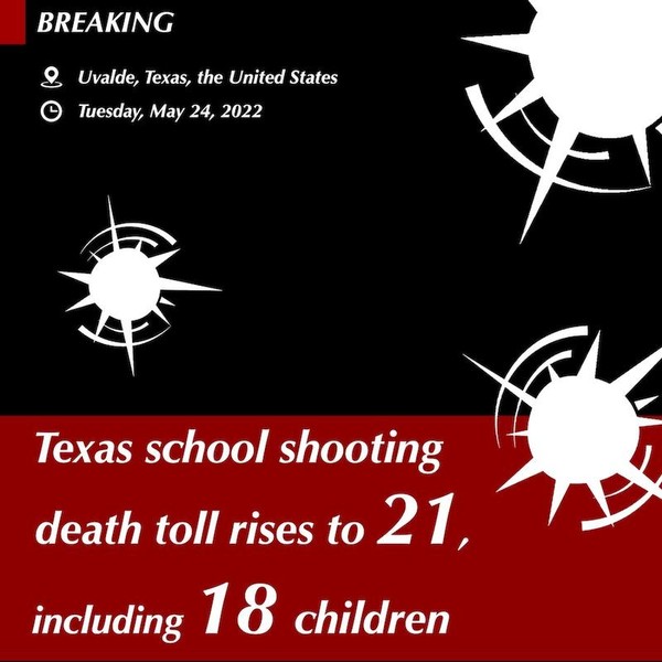 v미국 텍사스주에서 발생한 초등학교 총기난사 사건으로 인한 사망자가 어린이 18명을 포함해 21명으로 늘었다. 2022.5.24/신화통신