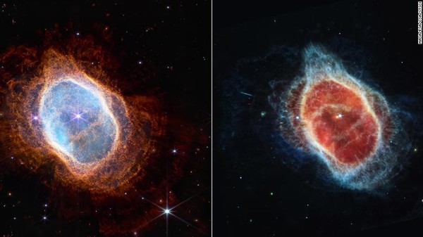 이 나란한 비교는 NASA의 Webb 망원경에서 근적외선(왼쪽)과 중적외선(오른쪽)으로 남반구 성운을 관찰한 결과다. 남쪽 고리성운은 지구에서 2000광년 떨어져 있다. 이 큰 행성상 성운은 죽어가는 별 주위에 팽창하는 가스 구름과 진화 초기의 2차 별을 포함하고 있다/CNN