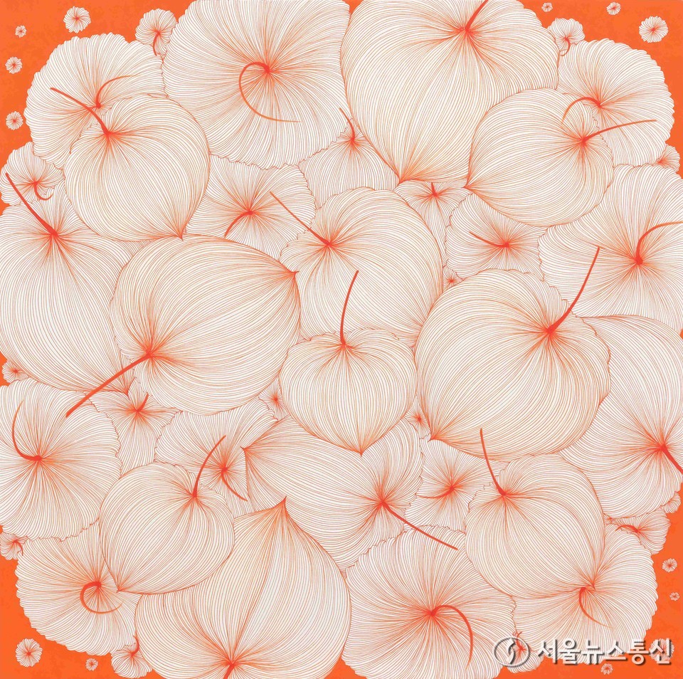 이애리, Good Luck in 꽈리24-35, 73x73cm, 장지에, 주묵, 과슈, 2024 / 사진 = 비디갤러리 제공