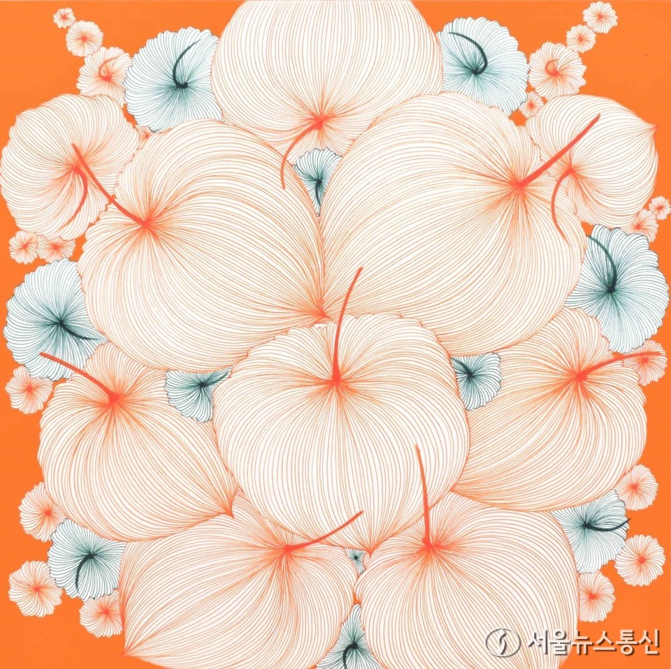 batch_이애리, Good Luck in 꽈리24-40, 45.5x45.5cm, 장지에, 주묵, 피그먼트 잉크, 과슈, 2024 / 사진 = 비디갤러리 제공