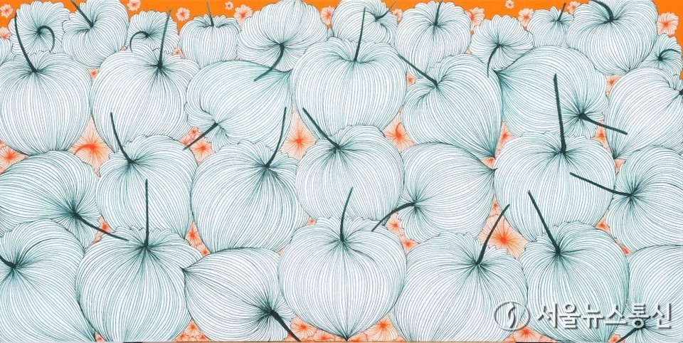 batch_이애리, Good Luck in 꽈리24-61, 31x61.5cm, 장지에, 주묵, 피그먼트잉크, 과슈, 2024 / 사진 = 비디갤러리 제공