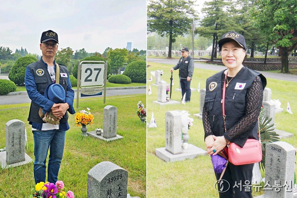 좌측부터 박귀순, 박가빈 탤런트가 호국영웅들의 묘비를 찾아 존경과 감사의 마음을 전했다. (2024.06.08) / 사진 = 서울뉴스통신 최정인 기자