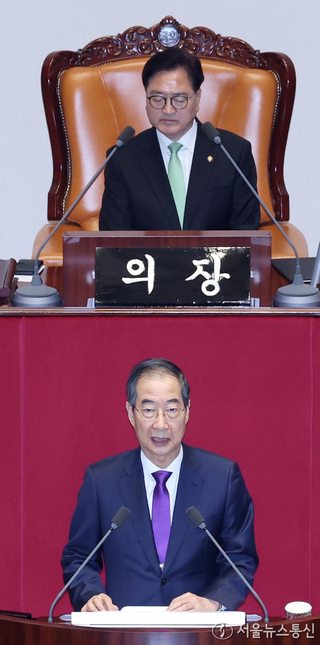 한덕수 국무총리가 4일 오전 서울 여의도 국회에서 열린 제418회 국회(정기회) 제 11차 본회의에서 윤석열 대통령의 2025년도 예산안 및 기금운용계획안에 대한 정부 시정연설을 대독하고 있다. (2024.11.04. / 서울뉴스통신 신현성 기자