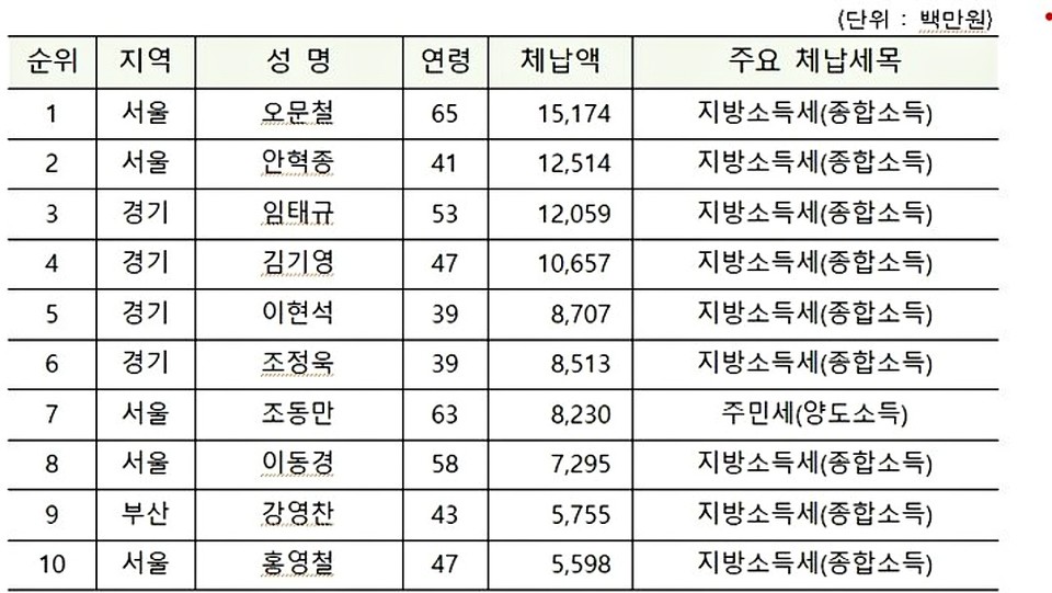 지방세 체납액 상위 10명 명단. / 자료 = 행정안전부
