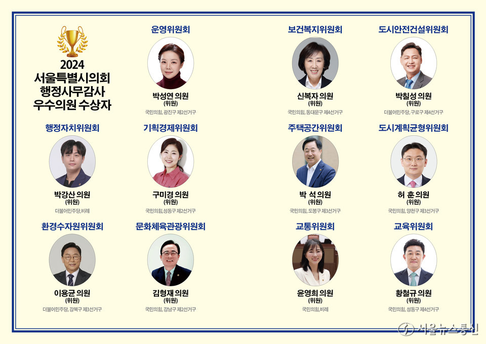 서울시의회 출입기자단이 선정한 '2024 행정사무감사 우수의원' 11명이 12일 오후 2시 서울시의회 의원회관 2층 대회의실에서 시상식을 통해 공로를 인정받는다. / 사진 서울시의회 출입기자단 