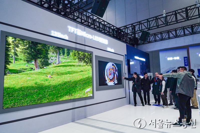 '세계 디스플레이 산업 혁신 발전대회'가 19일 쓰촨(四川)성 청두(成都)시에서 개막했다. 20일까지 열리는 이번 대회에선 징둥팡(京東方·BOE), 톈마(天馬), 웨이신눠(維信諾·비전옥스) 등 중국 국내외 대표기업이 한자리에 모여 신기술·신제품·신솔루션 등을 집중 전시했다. 이날 대회 현장을 찾은 관람객이 TFT 베이스 마이크로 LED 패널 디스플레이를 살펴보고 있다. 2024.12.20