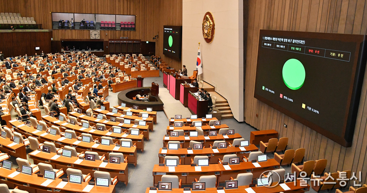 14일 서울 여의도 국회에서 열린 제422회 국회(임시회) 제6차 본회의에서 헌법재판소 재판관 마은혁 임명 촉구 결의안이 재석 168인, 찬성 168인으로 가결되고 있다. 국민의힘 의원들은 이에 반발해 회의장을 집단 퇴장했다. (2025.02.14) / 사진 = 서울뉴스통신 이창호 기자