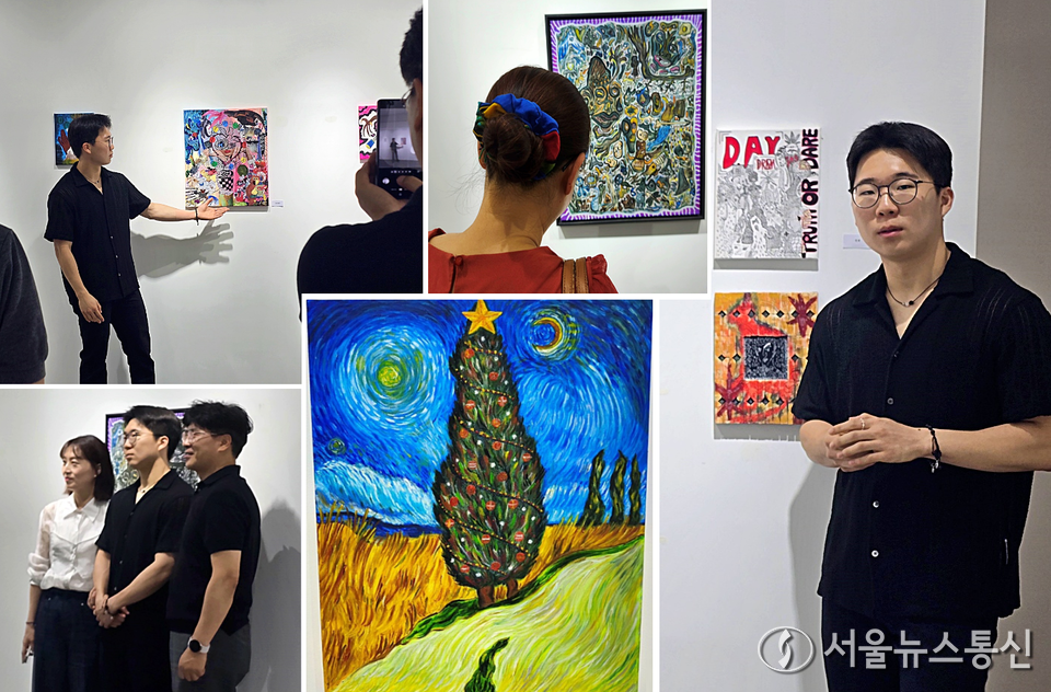 청년 작가 황도경이 관람객에게 그림을 설명하는 모습과 관람객들의 모습, 그리고 작품 '사이프러스 나무가 있는 길에 크리스마스' 작품 (2025.06.06) / 사진 = 서울뉴스통신 이성현 기자