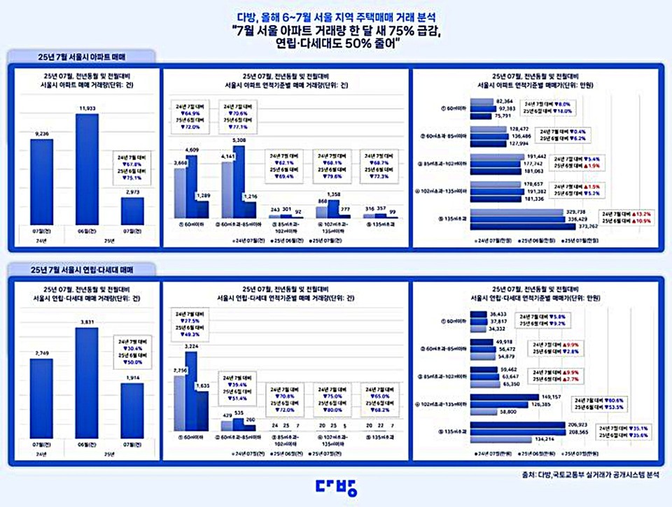 2025년 6~7월 서울 아파트 및 연립·다세대 매매 거래 지표. (2025.08.07) / 그래픽 = 다방 제공
