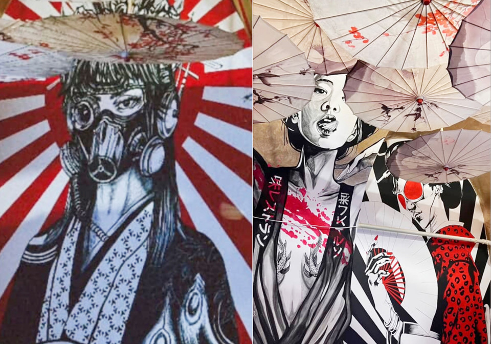 루마니아 클루지나포카에 오픈한 한식당 내부에 일본식 인테리어와 욱일기가 그려져 있는 모습 (사진=서경덕교수팀 제공) 2025.09.09, snakorea.rc@gmail.com , *재판매 및 DB 금지