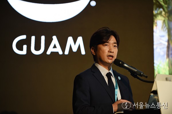 박지훈 괌 정부관광청 한국지사장은 12일 서울 반얀트리클럽앤스파서울에서 열린 ‘2025 괌 관광청 로드쇼’를 통해 작년 1~6월 대비 올해 6월까지 괌 전체 해외여행객수가 38만4466명에서 34만4433명으로 소폭 감소했다며 한국-괌 간의 항공 공급을 확대해 괌 여행객의 점유율을 높이겠다고 밝혔다. (사진 이민희 기자) 2025.09.15, snakorea.rc@gmail.com , *재판매 및 DB 금지