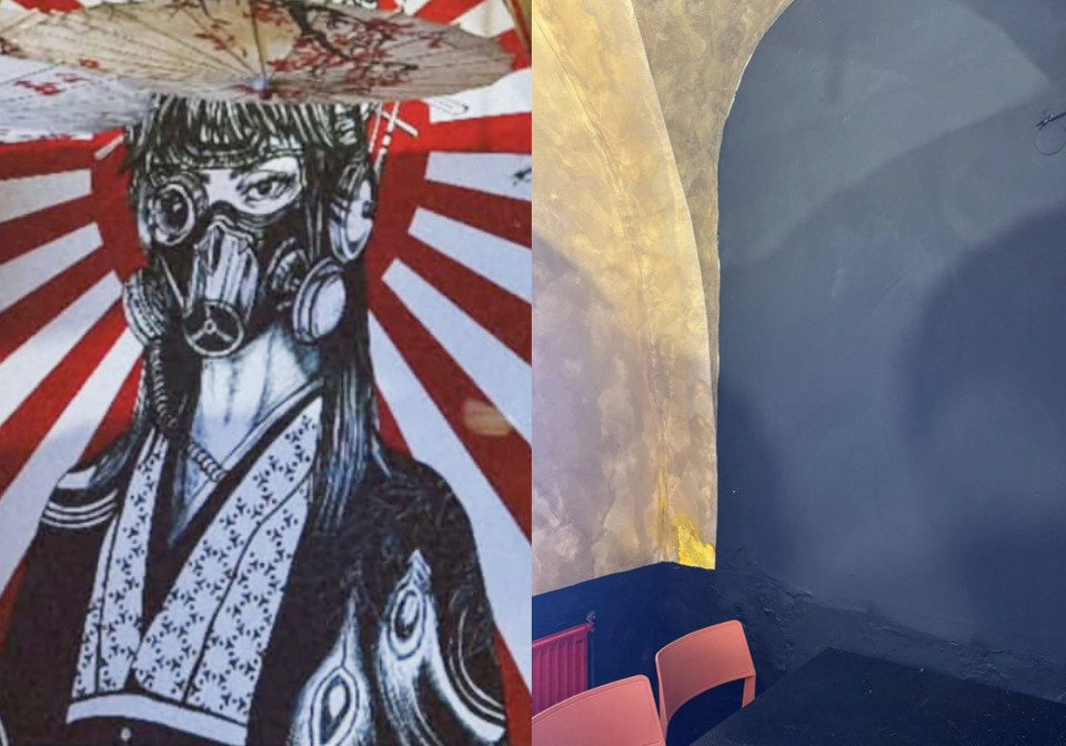 식당 내부에 있었던 욱일기 벽화(좌)와 논란 후 삭제한 모습(우) / 사진 = 서경덕교수팀 제공