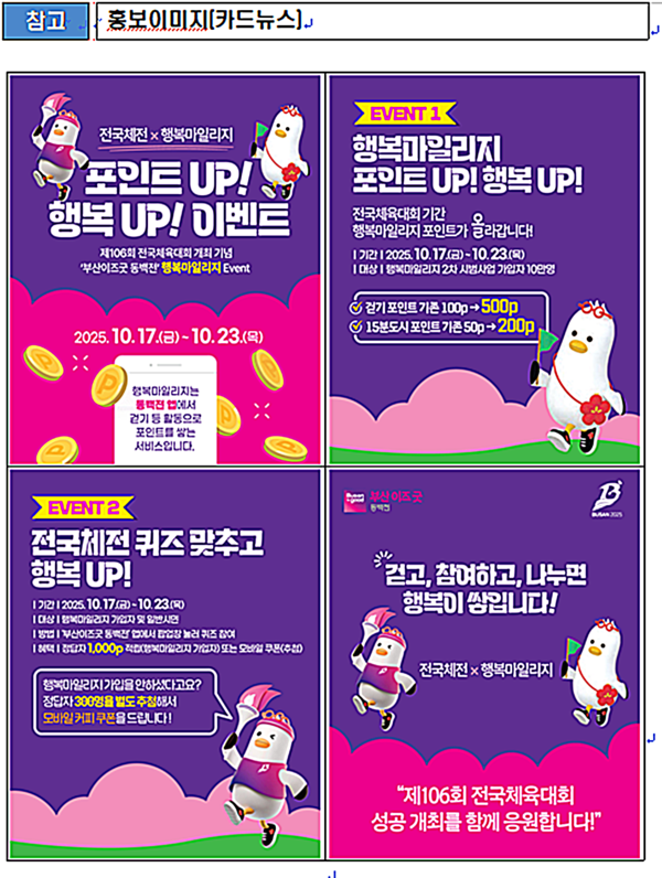 부산시는 제106회 전국체육대회 개최를 기념하여 부산이즈굿 동백전 ‘행복마일리지’ 특별 이벤트인 '포인트 업(UP)! 행복 업(UP)!'을 오는 17일부터 23일까지 7일간 추진한다고 밝혔다.