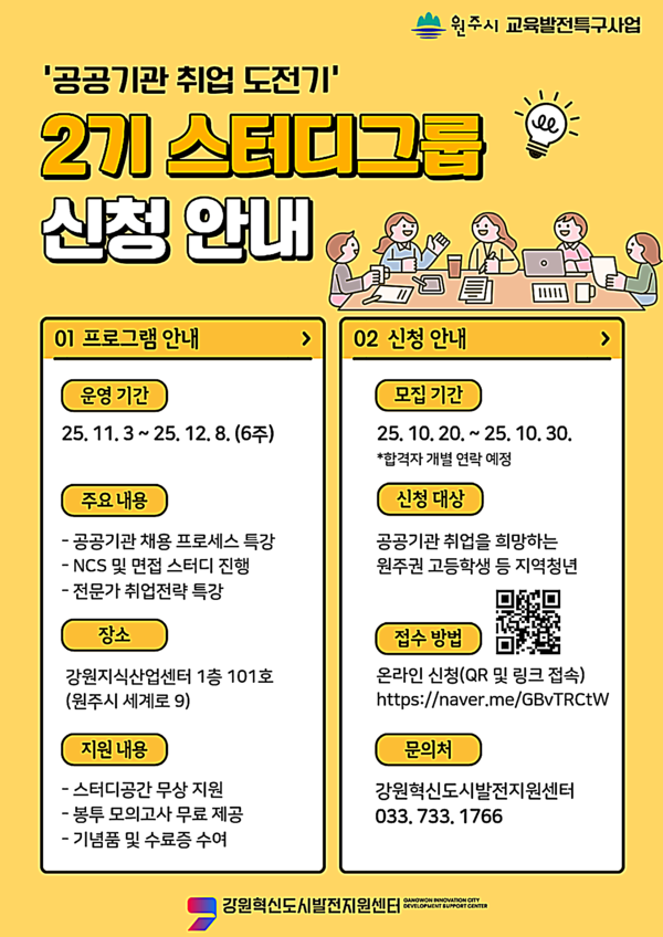 강원혁신도시발전지원센터는 원주시 교육발전특구 위탁사업의 일환으로 ‘공공기관 취업 스터디그룹 2기’를 운영하며, 원주권 청년들의 공공기관 취업 경쟁력 강화를 위한 다양한 실전형 프로그램을 진행한다.