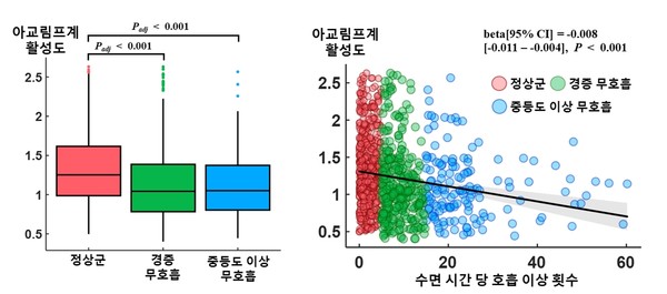 수면무호흡 중증도와 뇌 노폐물 배출 시스템 '아교림프계' 활성도의 관계,수면무호흡증이 심할수록 아교림프계 활성도가 낮다.