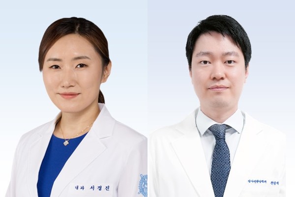 난치성 유방암으로 꼽히는 삼중음성유방암에서 면역항암치료 효과가 낮은 환자들을 조기에 선별할 수 있는 바이오마커(생체지표)를 발견한 분당서울대병원 혈액종양내과 서경진교수, 방사선종양학과 전승혁교수(사진 왼쪽부터). 사진/분당서울대병원
