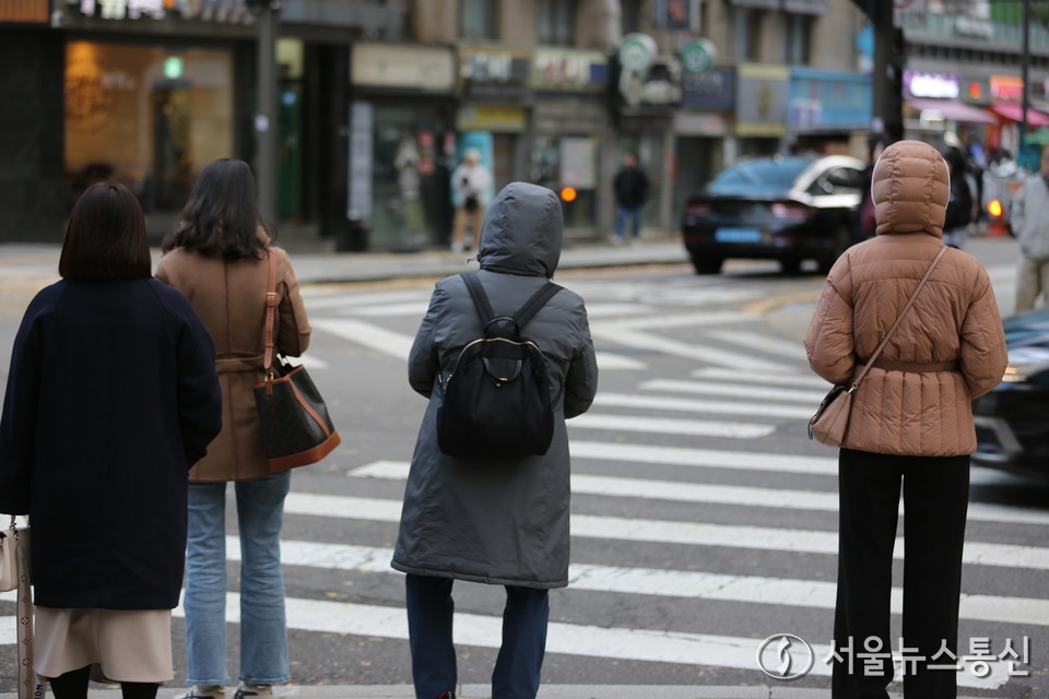 11월의 첫 평일인 오늘(3일) 아침, 북서쪽에서 내려온 찬 공기의 영향으로 서울을 비롯한 중부지방과 전북, 경상 서부 내륙에는 올가을 들어 첫 한파특보가 발령됐다. (시청 인근 횡단보도) / 사진 = 서울뉴스통신 이성현 기자