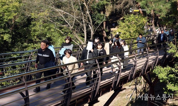 용두산 생태공원 아리랑둘레길을 걸으며 현장을 점검하는 모습