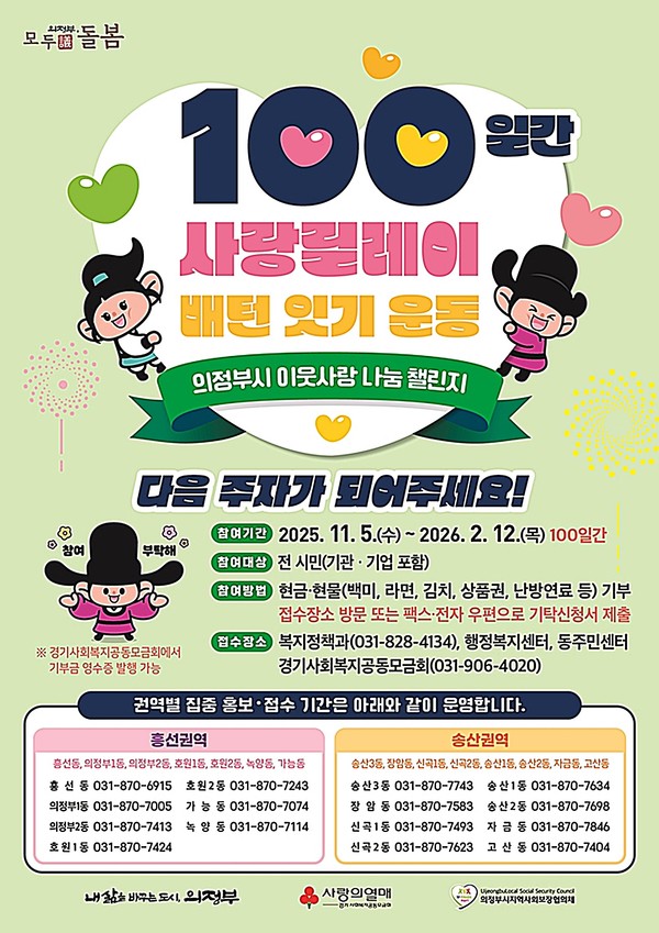 의정부시는 연말연시를 맞아 도움이 필요한 이웃들에게 사랑의 손길을 나누는 이웃사랑 나눔 챌린지 ‘100일간 사랑릴레이 배턴 잇기’를 5일부터 내년 2월 12일까지 100일간 진행한다.