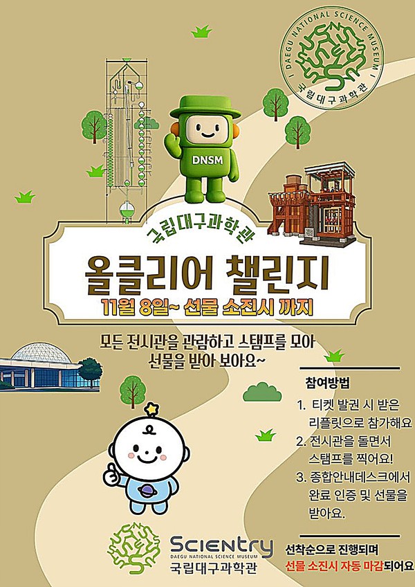 국립대구과학관은 800만 관람객 달성을 기념하여 오는 11월 8일부터 ‘올클리어 챌린지’ 이벤트를 운영한다고 밝혔다.