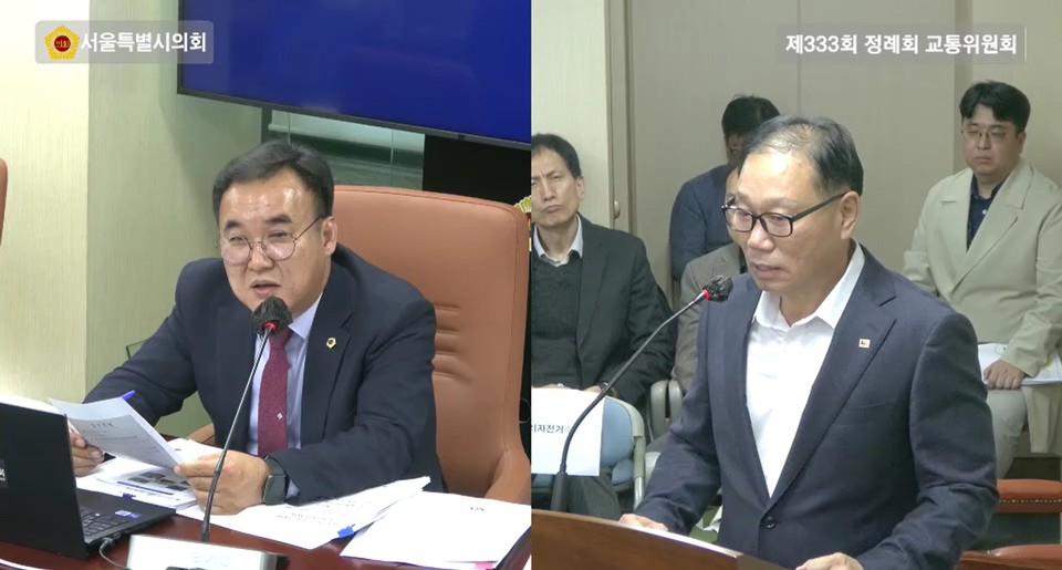 윤기섭 시의원(오른쪽)이 행정사무감사에서 김용승 서울시 마을버스조합 이사장에게 질의하고 있다. (사진=서울시의회 제공) 2025.11.07, snakorea.rc@gmail.com , *재판매 및 DB 금지