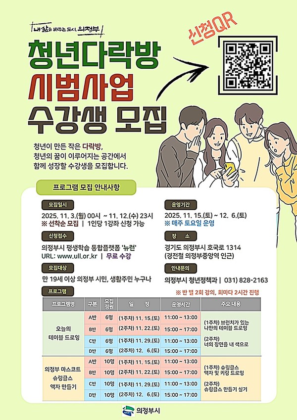 의정부시는 지역 내 유휴공간을 청년의 손으로 새롭게 조성한 청년공간 ‘청년다락방’에서 15일부터 12월 6일까지 청년 주도 시범사업 프로그램을 운영한다고 밝혔다.