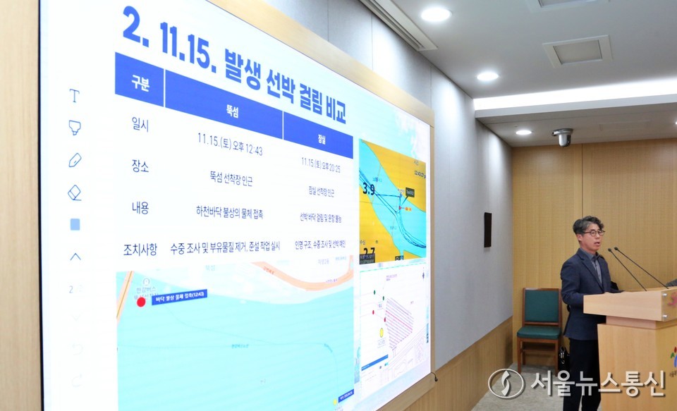 김선직 한강버스 대표가 17일 서울시청 브리핑룸에서 지난 15일 발생한 한강버스 멈춤 사고 관련 브리핑을 하고 있다. 2025.11.17, snakorea.rc@gmail.com , *재판매 및 DB 금지