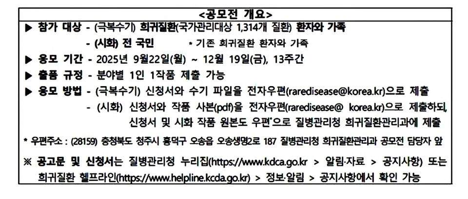 희귀질환 극복수기·시화전 공모전 개요 (2025.11.19) / 자료 = 질병관리청 제공