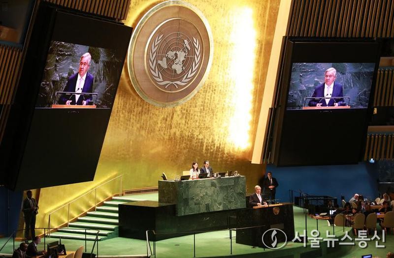 안토니우 구테흐스 유엔 사무총장이 9일(현지시간) 뉴욕 유엔본부에서 열린 제80차 유엔 총회 개회식에서 연설하고 있다. 신화/서울뉴스통신, 2025.09.10, snakorea.rc@gmail.com , *재판매 및 DB 금지
