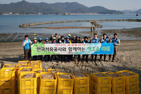 한국석유공사 임직원과 통영시 용남면 선촌마을주민이 해초 숲 복원을 위한 ̒잘피심기 ̓ 작업을 하기 앞서 기념촬영을 하고 있다. (사진 한국석유공사) 2025.11.20, snakorea.rc@gmail.com , *재판매 및 DB 금지