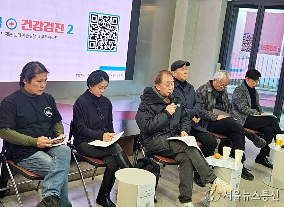 현장에는 연극인과 창작자, 정책 관계자들이 참석해 기초예술 생태계를 강화하기 위한 방안을 공유하며 (왼쪽부터) 이종승 공연예술인노동조합 위원장, 이훈경 한국문화예술위원회 전문위원, 손정우 한국연극협회 이사장, 박정의 서울연극협회 회장, 박장렬 포항시립극단 예술감독, 김도형 서울연극지부협의체 의장이 발제자로 참여했다. (2025.11.19) / 사진 = 한국연극협회 제공