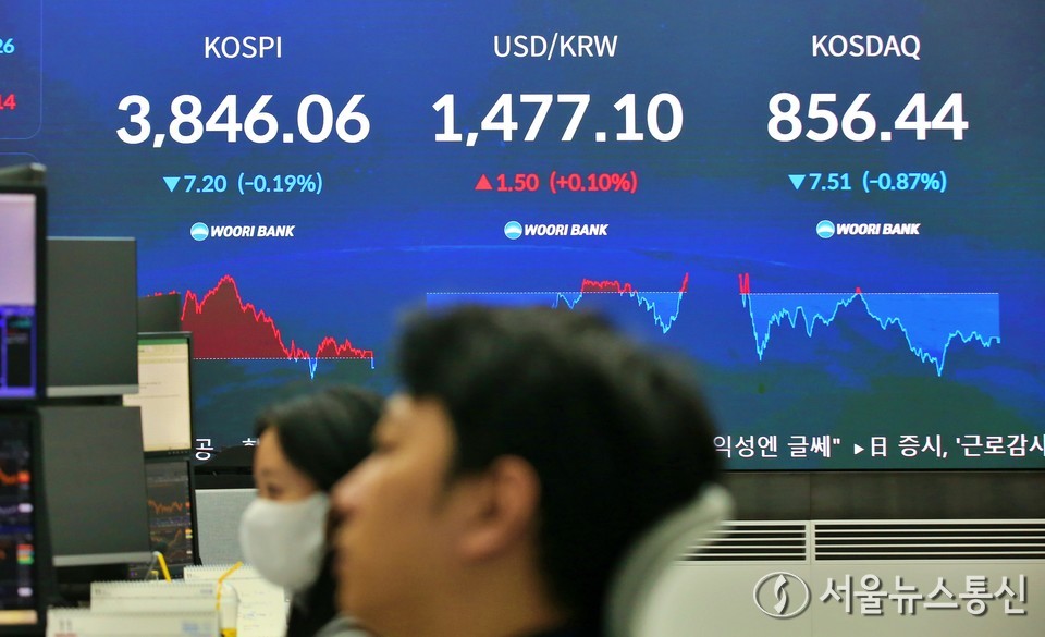 24일 서울 중구 우리은행 본점 딜링룸에서 직원들이 업무를 보고 있다. 이날 코스피는 전 거래일(3853.26)보다 7.20포인트(0.19%) 내린 3846.06에, 코스닥 지수는 전 거래일(863.95)보다 7.51포인트(0.87%) 하락한 856.44에 장을 마감했다. 2025.11.24, snakorea.rc@gmail.com , *재판매 및 DB 금지